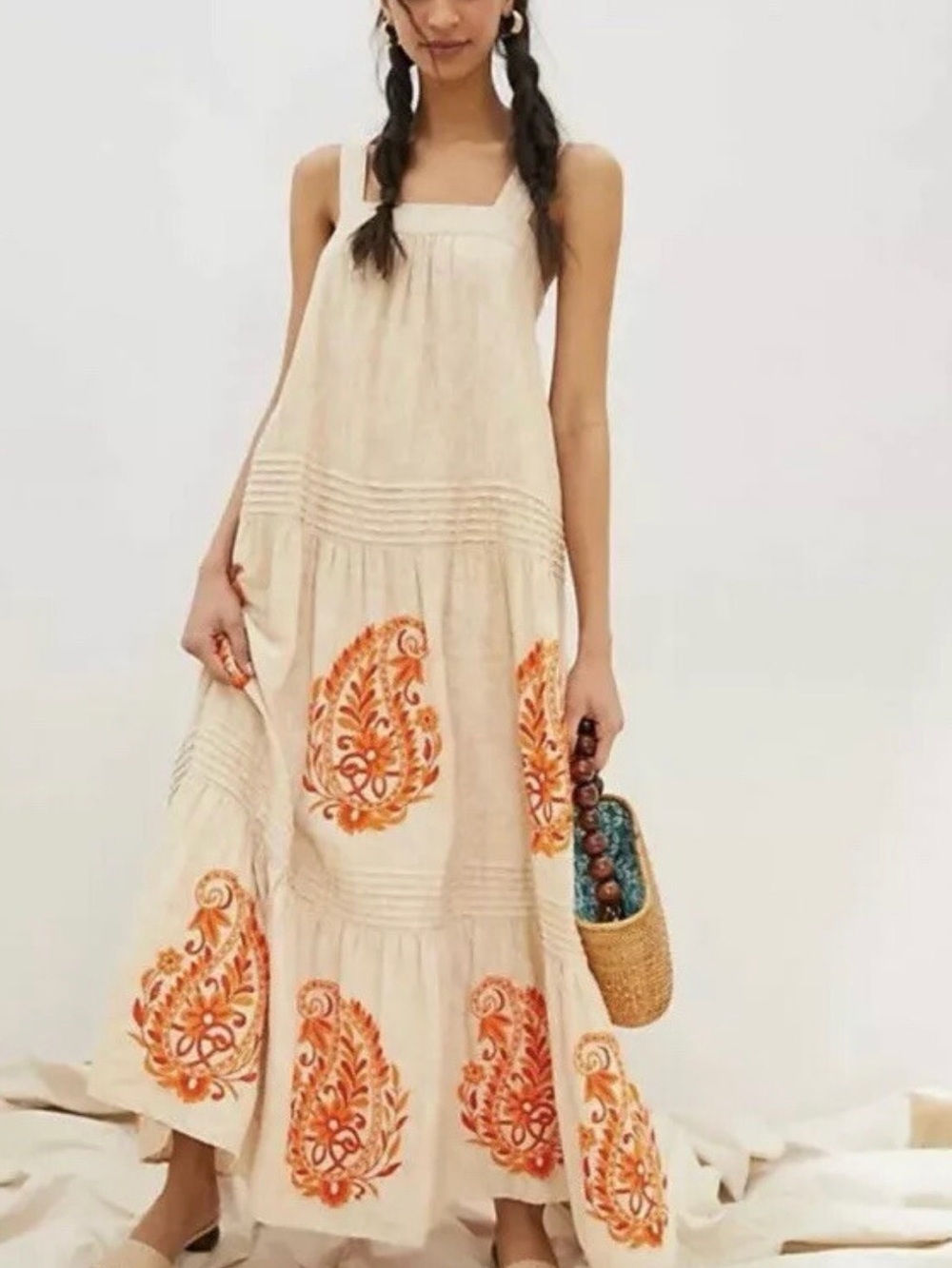 Anthropologie Cream Maxi Dress with Orange Paisley Embroidery